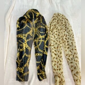 2 Chiffon Scarves Light weight, Whimsical Cream & Tan Kitty Cat Barocco, Chain